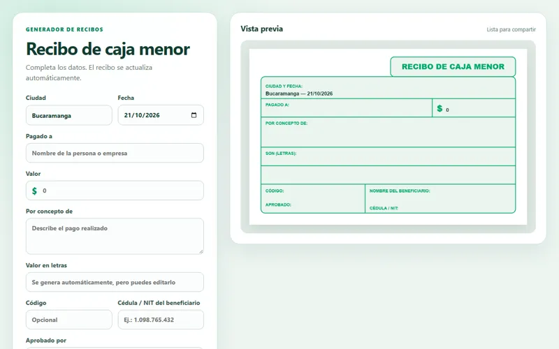 Captura del generador de recibos de caja menor